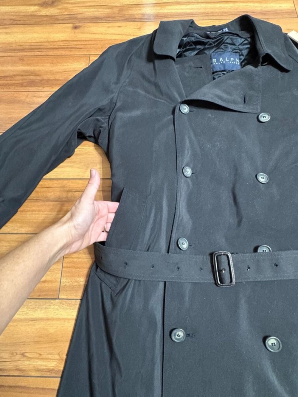 Vtg Ralph Lauren Black Double-Breasted Trench Coat  Belt Lined Men's 44R L/XL - Picture 8 of 12